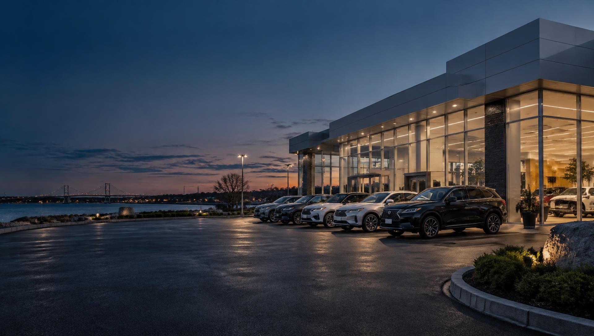Modern automotive dealership showroom and vehicle inventory at dusk