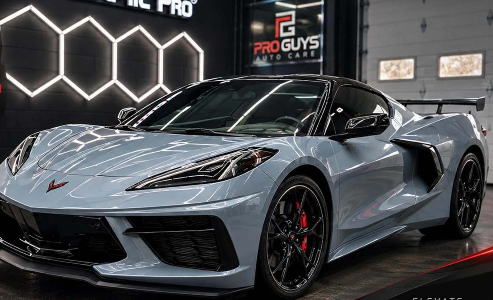 Gray Chevrolet Corvette in the PROGUYS workshop